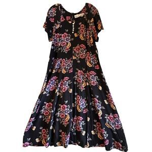 Vtg 90s Kathie Lee Maxi Dress Black Flora Fairy Cottage Sz 12 Prairie Grannycore